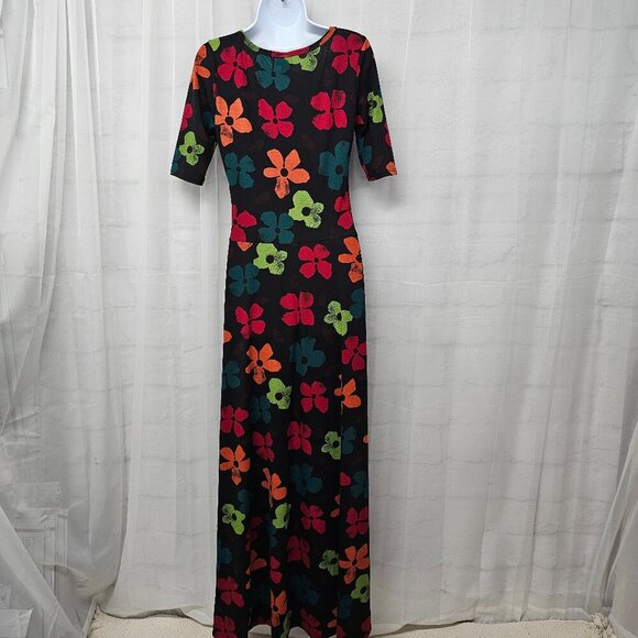LuLaRoe Black Multi-Color Floral Maxi Dress Tee Boho Retro Grunge M - Picture 7 of 11